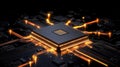 Glowing Microprocessor with Circuit Board and Light Trails in Dark Background
