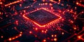 A glowing microprocessor surrounded by intricate circuitry on a dark circuit board, illuminated by red LED lights