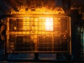 Glowing modern glass greenhouse in winter night, top view