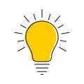 Glowing modern yellow light bulb thin line icon. Idea and creativity symbol isolated on a white background. Royalty Free Stock Photo