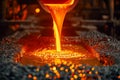 Glowing Molten Metal Pouring in Foundry, Industrial Steel Manufacturing Process, Metallurgy and Heavy Industry, Hot Liquid Iron Royalty Free Stock Photo