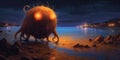 Glowing monster on night beach, concept of Bioluminescence, created with Generative AI technology