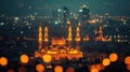 Glowing mosques, twinkling lights, embodying the spirituality and reverence of Ramadan with copy space