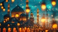 Glowing mosques, twinkling lights, embodying the spirituality and reverence of Ramadan with copy space