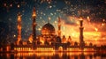 Glowing mosques, twinkling lights, embodying the spirituality and reverence of Ramadan with copy space