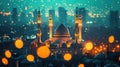 Glowing mosques, twinkling lights, embodying the spirituality and reverence of Ramadan with copy space