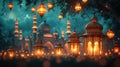 Glowing mosques, twinkling lights, embodying the spirituality and reverence of Ramadan with copy space