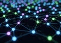 Glowing multicolored nodes connected by lines form a complex network pattern on a dark background. Royalty Free Stock Photo