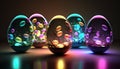 Glowing multicolored rainbow eggs. Glass illumination water aquarium. Abstract Easter eggs.