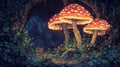 Glowing Mushroom Cluster in Dark Forest with Lush Foliage Pixel Art Style Royalty Free Stock Photo