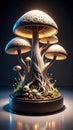 Glowing Mushroom Cluster on a Display Podium with Intricate Roots on Dark Background Royalty Free Stock Photo