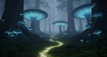 Glowing mushrooms illuminate a winding magical forest path Royalty Free Stock Photo