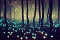 Glowing mushrooms. Magical shimmering mushrooms in a mysterious forest