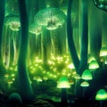Glowing mushrooms. Magical shimmering mushrooms in a mysterious forest