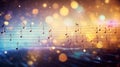 Glowing music sheets notes on beautiful lights bokeh background