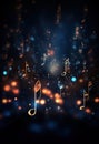 Glowing music sheets notes on beautiful lights bokeh background