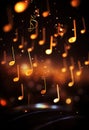 Glowing music sheets notes on beautiful lights bokeh background