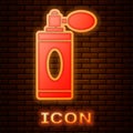 Glowing neon Aftershave bottle with atomizer icon isolated on brick wall background. Cologne spray icon. Male perfume Royalty Free Stock Photo