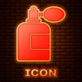 Glowing neon Aftershave bottle with atomizer icon isolated on brick wall background. Cologne spray icon. Male perfume Royalty Free Stock Photo