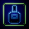 Glowing neon Aftershave icon isolated on blue background. Cologne spray icon. Male perfume bottle. Vector