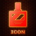 Glowing neon Aftershave icon isolated on brick wall background. Cologne spray icon. Male perfume bottle. Vector Royalty Free Stock Photo