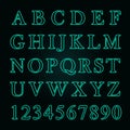 Glowing neon alphabet with letters from A to Z and numbers from 1 to 0. Trend color - aqua Menthe