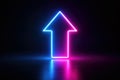 Glowing neon arrow pointing upwards in blue and pink light against a dark background direction pointer Royalty Free Stock Photo