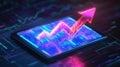 Glowing Neon Arrow on Tablet Displaying Rising Data Chart Royalty Free Stock Photo