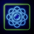 Glowing neon Atom icon isolated on blue background. Symbol of science, education, nuclear physics, scientific research