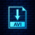 Glowing neon AVI file document icon. Download AVI button icon isolated on brick wall background. Vector Royalty Free Stock Photo