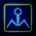 Glowing neon Bacteria bacteriophage icon isolated on blue background. Bacterial infection sign. Microscopic germ cause