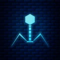 Glowing neon Bacteria bacteriophage icon isolated on brick wall background. Bacterial infection sign. Microscopic germ
