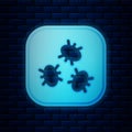 Glowing neon Bacteria icon isolated on brick wall background. Bacteria and germs, microorganism disease causing, cell