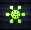 Glowing neon Bacteria icon isolated on brick wall background. Bacteria and germs, microorganism disease causing, cell