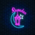 Glowing neon banner of ramadan islamic holy month. Ramadan greeting card with fanus lantern, star and crescent. Royalty Free Stock Photo