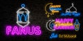 Fanus Glowing neon banner of ramadan islamic holy month symbol on dark brick wall background. Ramadan fanus lantern in round Royalty Free Stock Photo