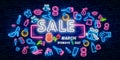 Glowing neon banner of SALE world women`s day on dark brick wall background. Spring sale greeting card to march 8 with