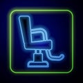 Glowing neon Barbershop chair icon isolated on blue background. Barber armchair sign. Vector Royalty Free Stock Photo