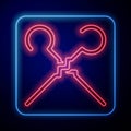 Glowing neon BBQ skewers icon isolated on blue background. Meat kebab on skewer stick. Picnic with grilled meat. Vector Royalty Free Stock Photo