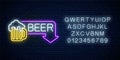 Glowing neon beer pub signboard in rectangle frame with arrow and alphabet. Advertising sign of nightclub with bar Royalty Free Stock Photo