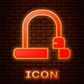 Glowing neon Bicycle lock U shaped industrial icon isolated on brick wall background. Vector Royalty Free Stock Photo