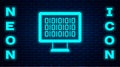 Glowing neon Binary code icon isolated on brick wall background. Vector Royalty Free Stock Photo