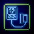 Glowing neon Blood pressure icon isolated on blue background. Vector