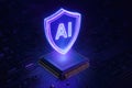AI Shield Symbol Hovering Above a Computer Microprocessor artificial intelligence protection Royalty Free Stock Photo