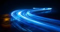 glowing neon blue light track on black background highway motion speed technology