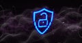 Glowing neon-blue pixelated shield emblem with lowercase A hovering above dot-wave mesh, halo Royalty Free Stock Photo