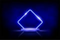 Glowing neon blue rhombus with sparkles in fog on round podium. Abstract electric light frame on black background