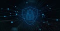 Glowing neon-blue shield showing padlock icon in digital network space, with radiating data streams Royalty Free Stock Photo