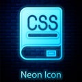 Glowing neon Books about programming icon isolated on brick wall background. Programming language concept. PHP, CSS, XML Royalty Free Stock Photo