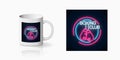 Glowing neon boxing club sign in circle frames for cup design. Fighting club neon signboard design on mug mockup